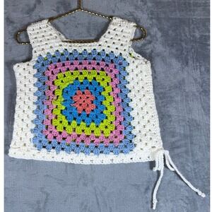 Handmade Crochet Granny Square Crop Top Multi-Color Boho Festival Side Tie